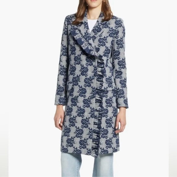 HALOGEN Ruffle Front Topper Coat Gray Plaid Blue Floral Size XXS Petite - Picture 1 of 14